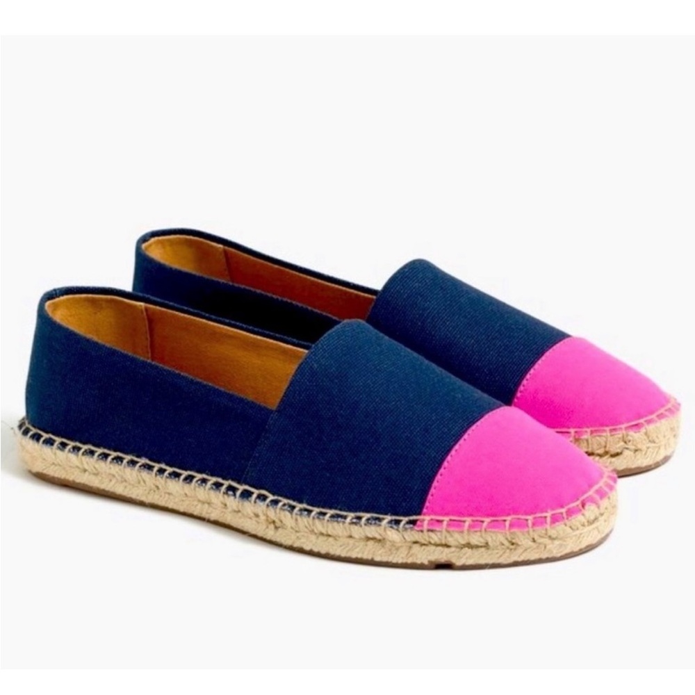 J.CREW Navy Neon Flamingo Canvas Cap Toe Colorblock Slip On Espadrilles Size 9.5